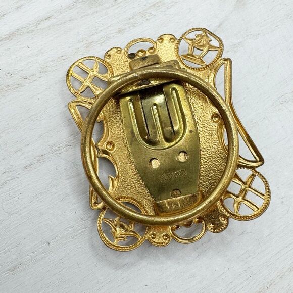 Vintage Germany Gold Tone Scarf Clip Pagoda Chinoiserie Ornate Regal Etruscan - Picture 8 of 11